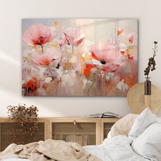 MuchoWow® Glasschilderij 120x80 cm - Schilderij acrylglas - Bloemen - Watercolor - Roze - Abstract - Kunst - Foto op glas - Muurdecoratie woonkamer - Wanddecoratie slaapkamer - Schilderijen