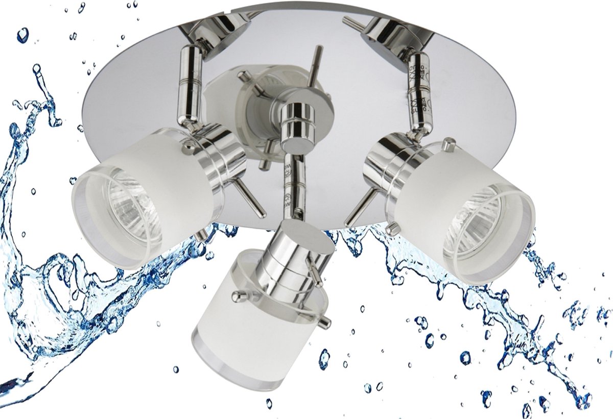 Trango 3-vlam IP44 LED badkamerlamp 1006-38R *RONNY* badkamer plafondlamp met glazen lampenkap in chroomlook Rondell, plafondspot incl. 3x 5 Watt GU10 LED lampen, spots draaibaar