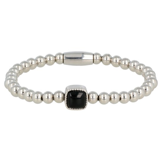 *Zilverkleurige elastische bedelarmband met Onyx edelsteen - Zilverkleurige armband met Onyx edelsteen - Met luxe cadeauverpakking