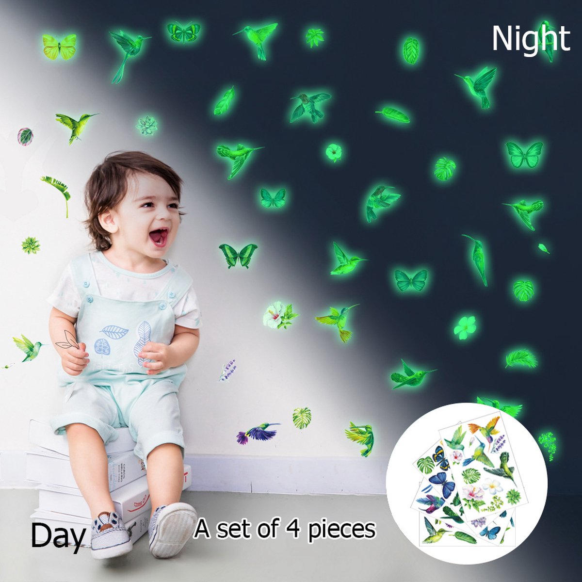 Glow in the Dark Kolibrie en Vlinder Sticker Kinderkamer Zelfklevende Cartoon Muursticker 20×30 CM * 4