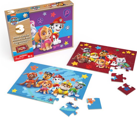 Houten puzzelbox met 3 Paw Patrol puzzels, met de pups op paarse, rode en blauwe achtergronden.