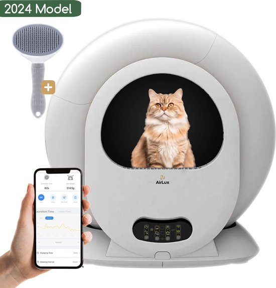 AirLux Zelfreinigende Kattenbak Met Kattenborstel - Incl Opvangzakjes - Automatische kattenbak - Nederlandse App - 65L - 2024 Model