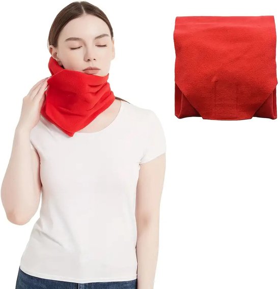 Foto: Travel pillow rood fleece stof reiskussen met handige opbergzak compact en lichtgewicht nekkussen opvouwbaar ergonomisch ontwerp framehack reiskussen