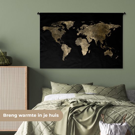 Tapisserie Cartes du mondeIllustrations de Noël - Carte du monde doré avec motif texturé sur fond noir Tapisserie coton 120x80 cm - Tapisserie avec photo