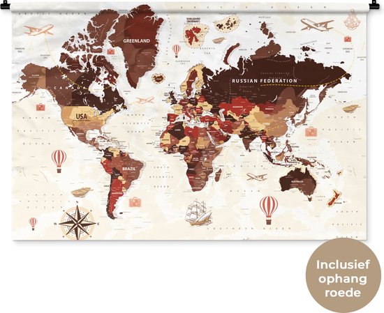 Wandkleed WereldkaartenKerst illustraties - Wereldkaart met namen van landen en verschillende illustraties in donkerrode en bruine kleuren Wandkleed katoen 120x80 cm - Wandtapijt met foto