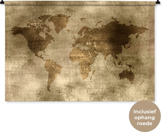 Wandkleed WereldkaartenKerst illustraties - Donkerbruine wereldkaart met lichtbruine achtergrond en structuurpatroon Wandkleed katoen 150x100 cm - Wandtapijt met foto