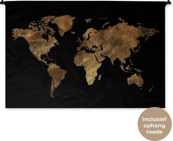 Wandkleed WereldkaartenKerst illustraties - Goudkleurige wereldkaart versierd met structuurpatroon op een zwarte achtergrond Wandkleed katoen 120x80 cm - Wandtapijt met foto