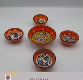 Set van 5 oranje keramische kommen - Handgemaakt en handgeschilderd uit Anatolië, levendig en veelzijdig, 4x 8 cm &1x 12 cm -