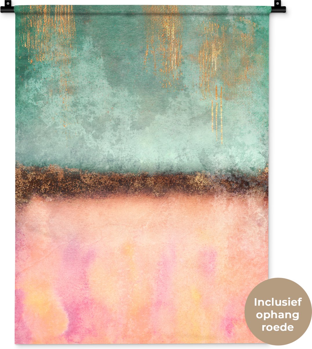 Wandkleed - Wanddoek - Goud - Verf - Abstract - Groen - Roze - 60x80 cm - Wandtapijt