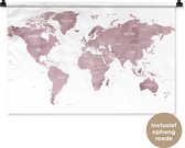 Wandkleed WereldkaartenKerst illustraties - Wereldkaart met paarse waterverf en de namen van landen op witte achtergrond Wandkleed katoen 90x60 cm - Wandtapijt met foto