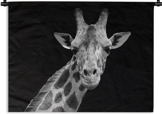 Wandkleed - Wanddoek - Giraffe - Wilde dieren - Zwart - Wit - Portret - 60x45 cm - Wandtapijt