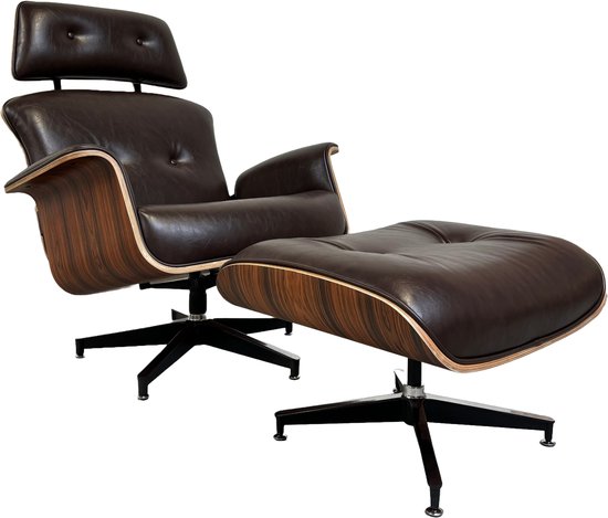 Lounge Chair + Hocker - Fauteuil - Lounge - Stoel - Leer - Relaxfauteuil - Mokka Bruin