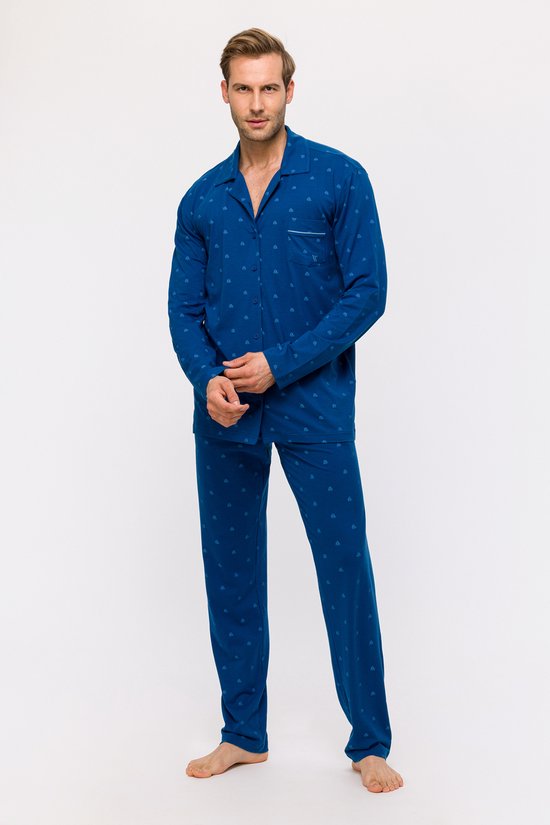 Woody doorknoop pyjama heren - blauw met zeilbootjes all-over print - 241-11-MBT-Z/926 - maat XL