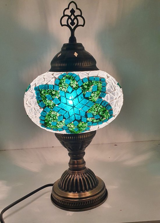 Oosterse Glans - Handgemaakte Mozaïeklamp - Tafellamp Ø30cm -Wit/Blauw