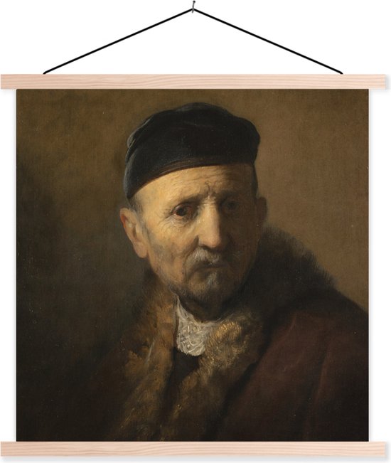 Posterhanger incl. Poster - Schoolplaat - Tronie van een oude man - Rembrandt van Rijn - 60x60 cm - Blanke latten