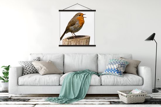 Posterhanger incl. Poster 120x120 cm - Schoolplaat - Roodborstje - Vogel - Hout - Textielposter - Zwarte latten