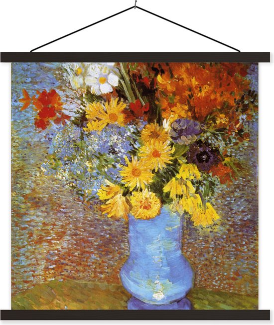 Posterhanger incl. Poster - Schoolplaat - Vaas met madeliefjes en anemonen - Vincent van Gogh - 90x90 cm - Zwarte latten