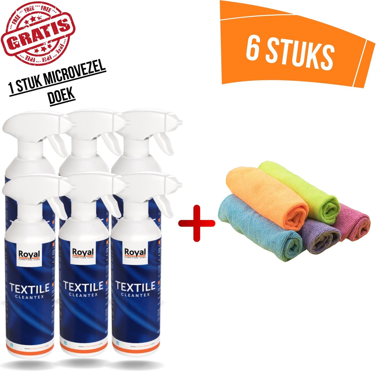 Royal Furniture Care, Textile vlekkenspray, Textiel vlekkenspray, 6-pack, 3000ml+ (Gratis) 1 stuk Microvezel Doek