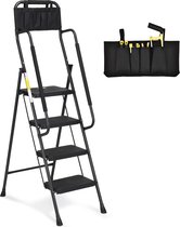 Ladder met 4 treden, trapladder met leuningen, inklapbare opstapkruk met insteekbare gereedschapstas en breed anti-slip pedaal, lichte 150 kg draagbare opstapkruk, zwart