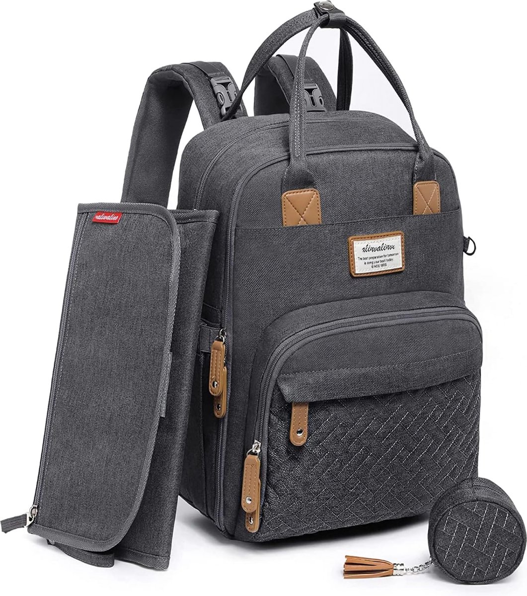 Luiertas Rugzak met Verschoonmatje - Babycommode Rugzak Luiertas Rugzak Met Draagbaar Verschoonkussen - Fopspeenhouder En Kinderwagenriemen - Grijs Babytas - Multifunctioneel Voor Mama En Papa,