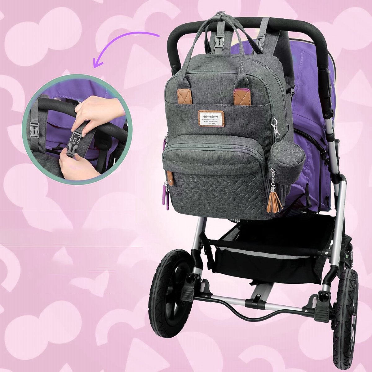Luiertas Rugzak met Verschoonmatje - Babycommode Rugzak Luiertas Rugzak Met Draagbaar Verschoonkussen - Fopspeenhouder En Kinderwagenriemen - Grijs Babytas - Multifunctioneel Voor Mama En Papa, – foto 4