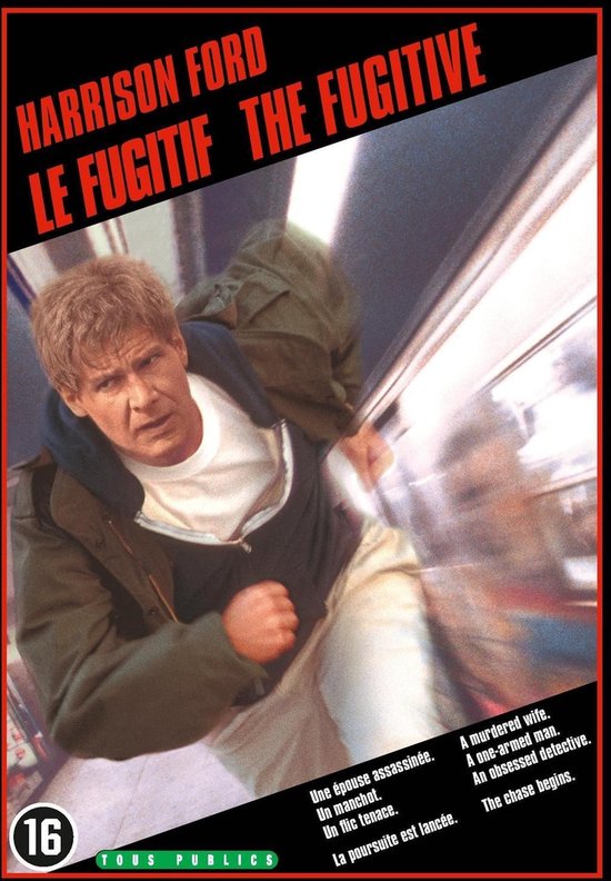 Harrison Ford rent in "The Fugitive". Hij draagt een groen jack, wit T-shirt en beige broek. Tekst: "A murdered wife. An obsessed detective. The chase begins."