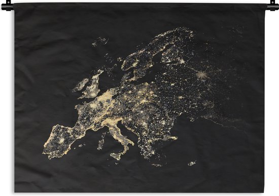 Wandkleed - Wanddoek - Kaart - Europa - Zwart - Goud - 90x67.5 cm - Wandtapijt