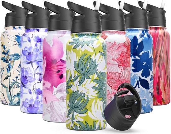 Owala FreeSip Geïsoleerde roestvrijstalen waterfles met rietje voor sport en reizen, BPA-vrij, 947 ml, granaatappelparade