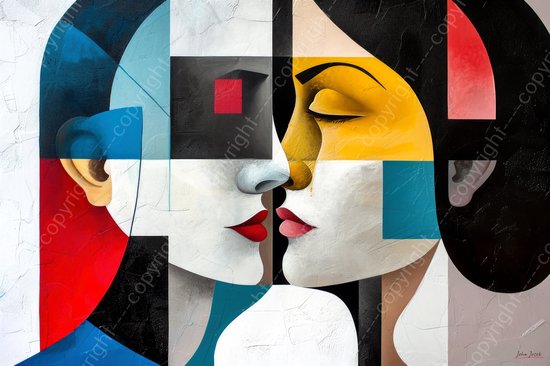 JJ-Art (Canvas) 90x60 | 2 Vrouwen in Mondriaan stijl, kubisme, abstract, kunst | mens, gezichten, vrouw, lippen, blauw, geel, rood,wit, modern | Foto-Schilderij canvas print (wanddecoratie)