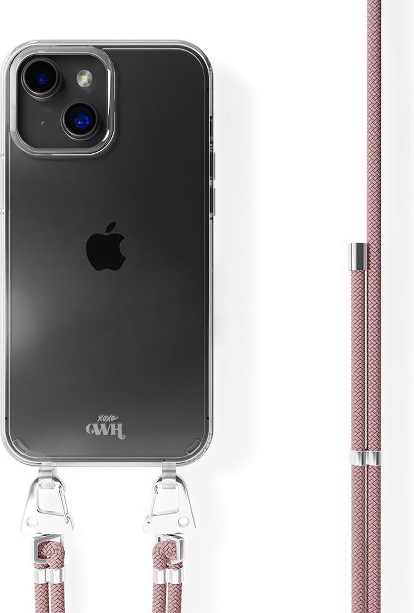 xoxo Wildhearts siliconen hoesje - Geschikt voor iPhone 14 Plus - Rosé Vibes - Telefoonhoesje - Hoesje met koord - telefoonkoord - Rosé Goud - Transparant hoesje