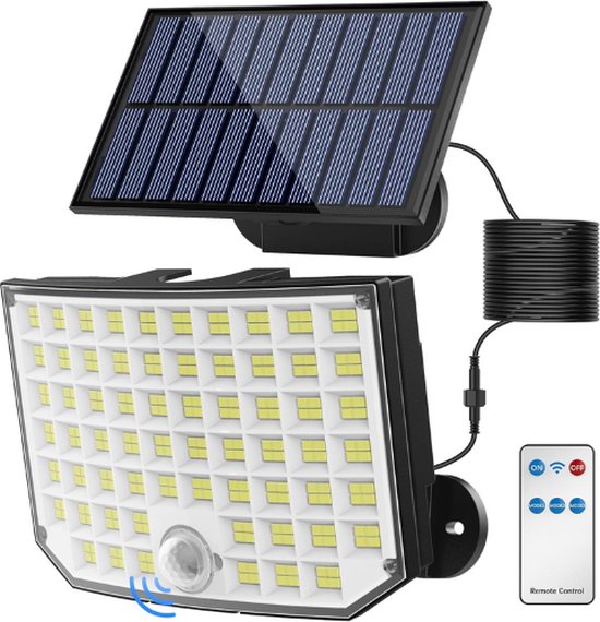Buitenlamp met bewegingssensor - op Zonne Energie - met Bewegingsmelder - 256 LED's - Zonnelamp voor Buiten - IP65 Waterdicht - Buitenverlichting met 5m Kabel - met Afstandsbediening