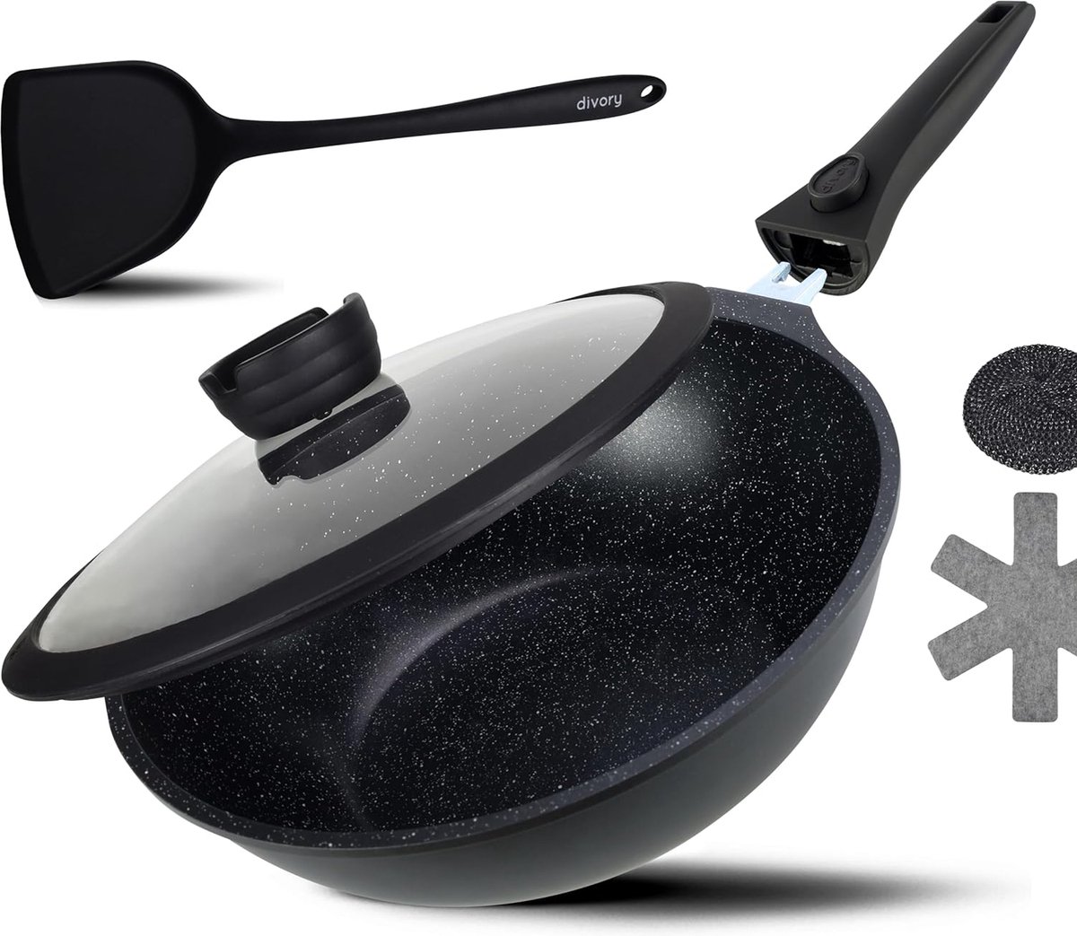 Wokpan 32 Cm - Marmeren Coating - Glazen Deksel - Alle Warmtebronnen Inclusief Inductie Wokpan 32 Cm - Marmeren Coating - Glazen Deksel - Alle Warmtebronnen Inclusief Inductie