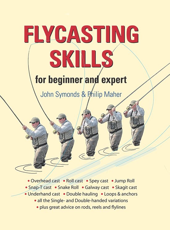 Boek 'Flycasting Skills' met vijf vissers in actie.