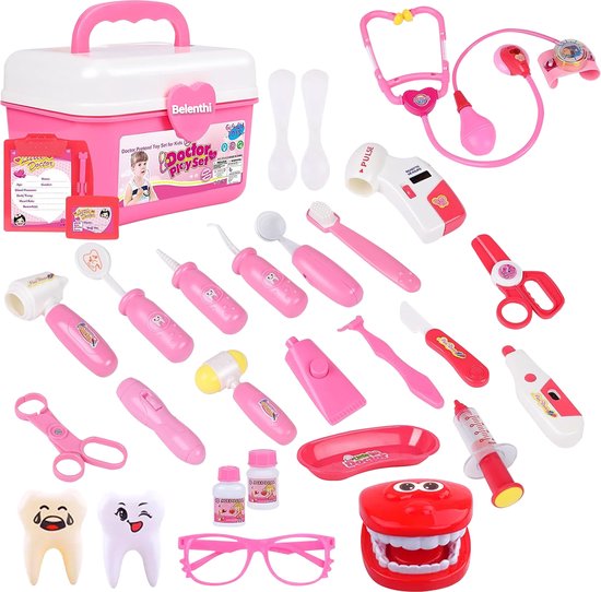 Belenthi Dokterset speelgoed - Dokter en tandarts speelgoed - Educatief speelgoed - 25 verschillende accessoires - Roze