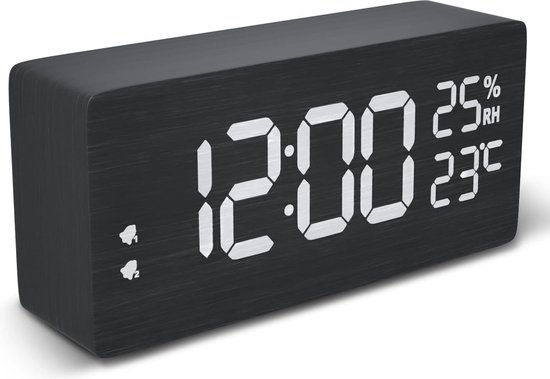 Wekker numérique aspect bois avec Groot écran LED– 2 alarmes/répétition – Température et humidité – Alimenté par USB – Pour salon, chambre, bureau