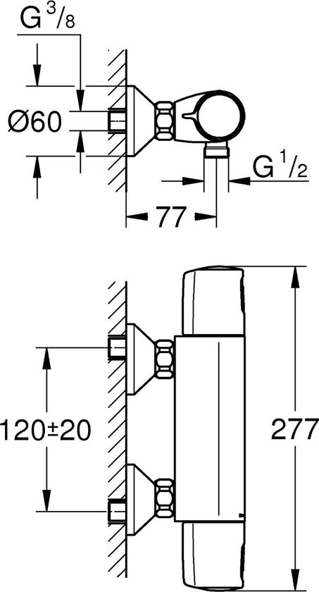 Technische tekening van een matzwarte thermostaatkraan met afmetingen.