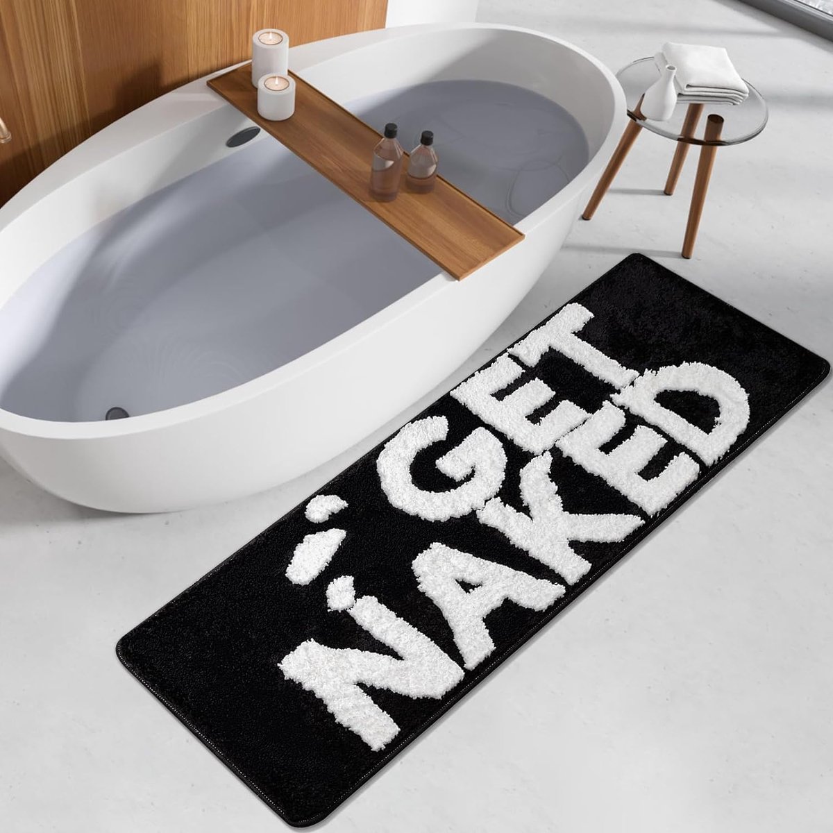 Get Naked Badmat, antislip, wasbaar, 45 x 120 cm, badmat, absorberend, sneldrogend, zachte microvezel met brief, zwart