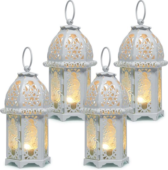 Kaarslantaarn, set van 4, hangende lantaarn, metalen kaarsenhouder met glazen ruiten, decoratie voor Kerstmis, bruiloft, tuin, balkon, wit