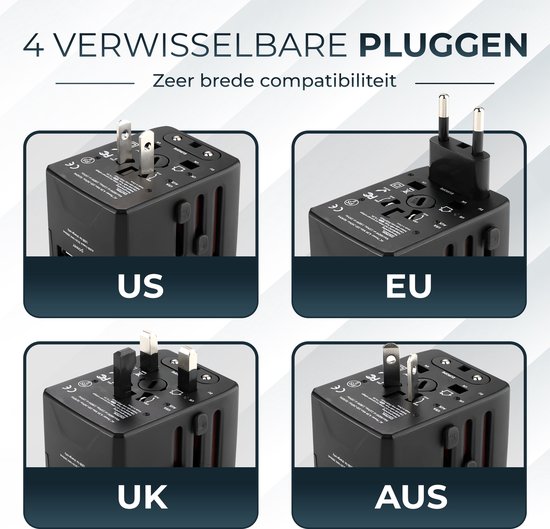 YONO Reisstekker - Wereldstekker Universeel - USB-C en USB-A Reis Adap