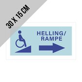 Pictogram/ bord | Toegang rolstoelgebruikers "Helling/ rampe" met pijl naar rechts | 30 x 15 cm | Aanwijzer | Gehandicapten | Invalide | Ingang | Rolstoel ingang | Helling | Nederlands/ Frans | Dikte: 1 mm | 1 stuk