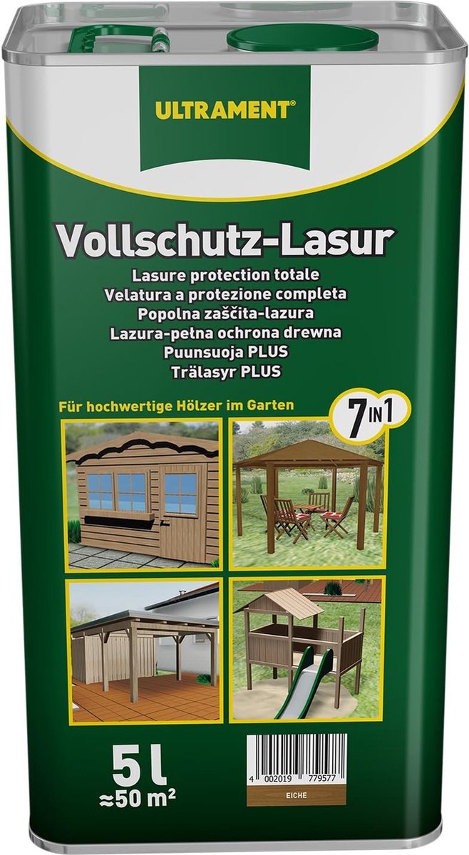 Ultrament 7-in-1 Volledig Beschermende Houtbeits, Eiken, 5 Liter - Vochtbescherming, UV-bescherming & nanotechnologie - ideaal voor tuinhuisjes, gevels en meer. Uitgebreide bescherming voor buitenhout.