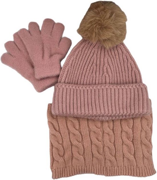 Muts, sjaal en handschoenen - roze - met grote pompon - kind - peuter - kleuter - fluffy