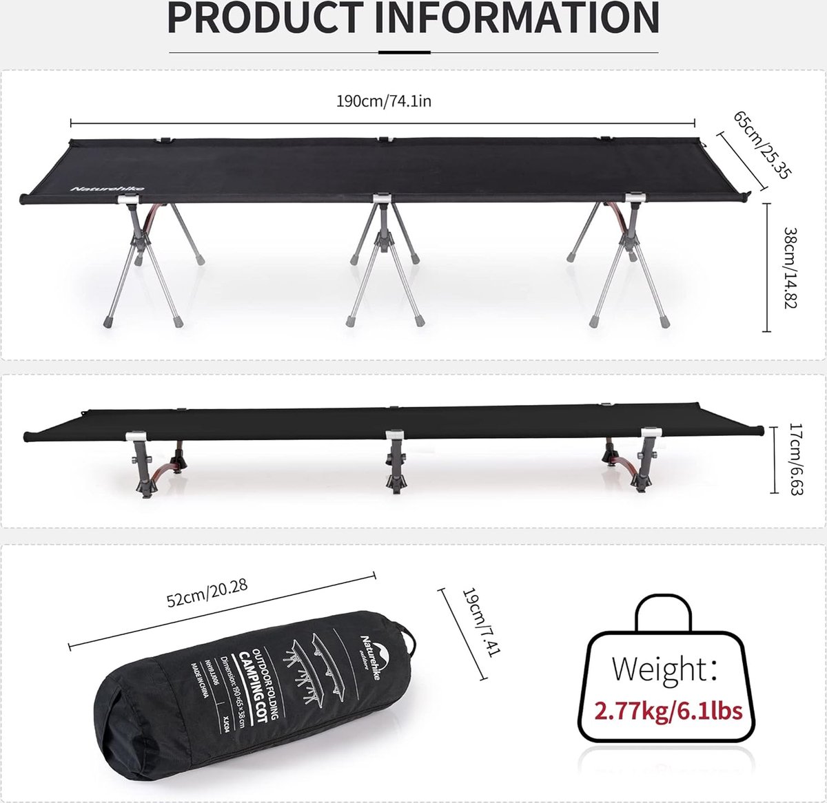 Naturehike Lit De Camping Pliant Ultra-Léger – Lit Aluminium Portable 190x65x15 Cm, 2,2 Kg Pour Randonnée, Bureau, Jardin