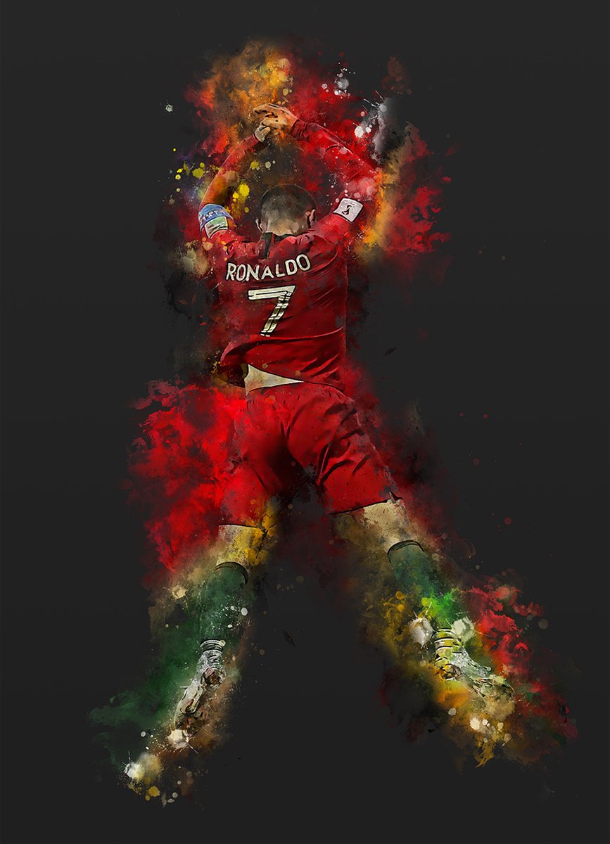 Wallofprints - Voetbalposter A3 formaat - Cristiano Ronaldo poster - 29.7 x 42 cm - Unieke waterverfstijl poster van Cristiano Ronaldo in het Portugese tenue