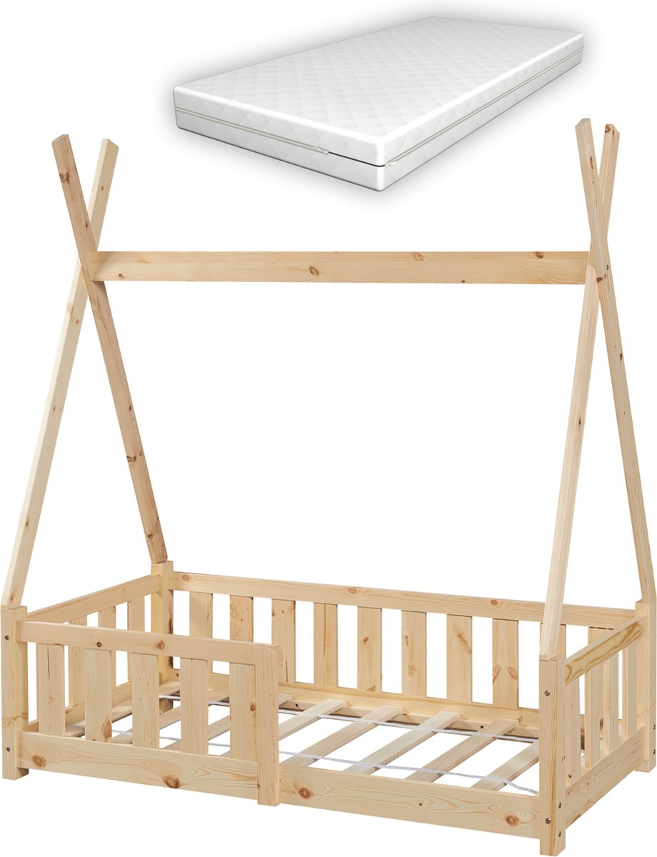 en.casa Kinderbed Helsingborg Tipi met uitvalbeveiliging en matras 70x140 cm houtkleurig