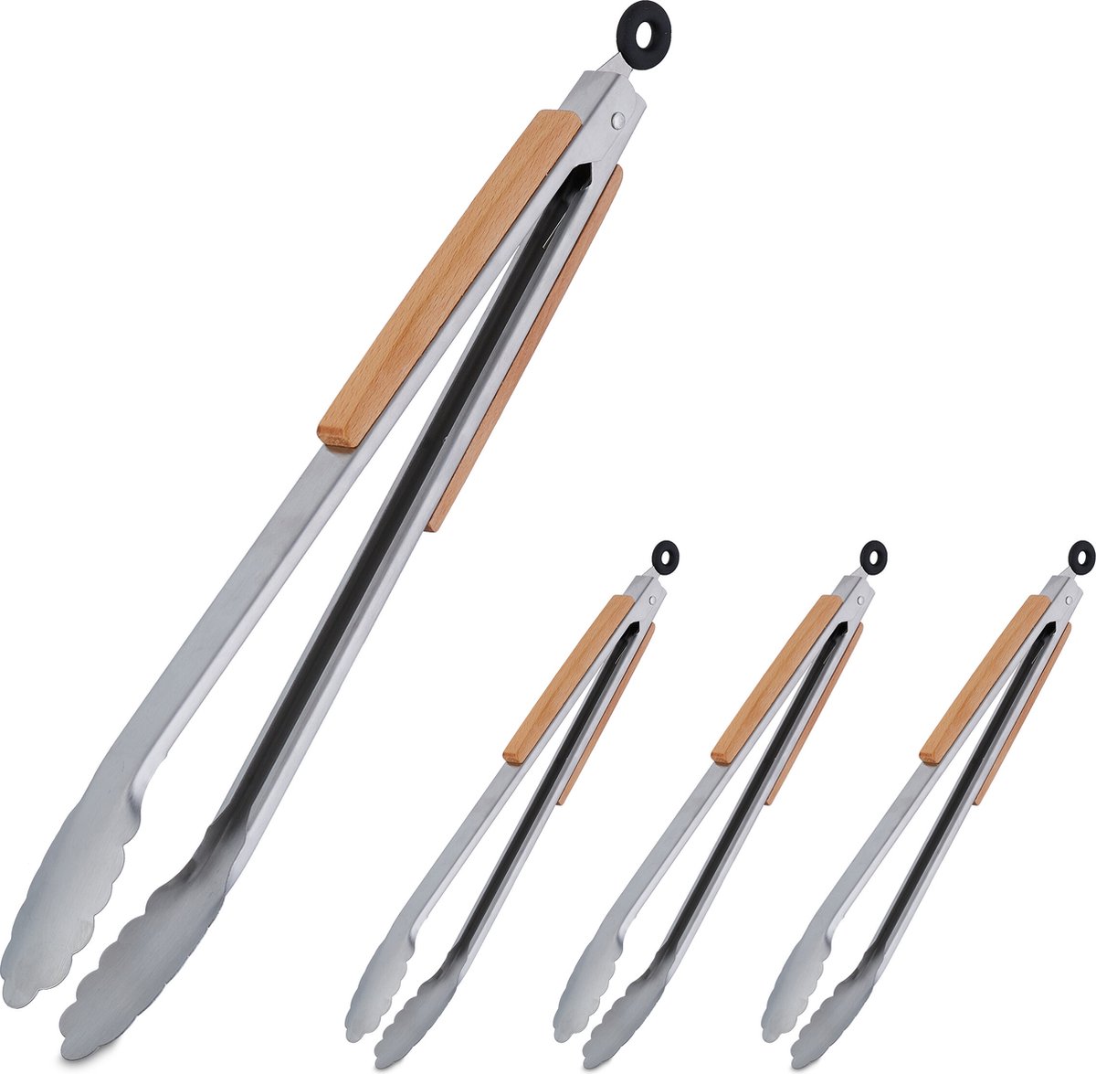 4x barbecuetang - houten handgreep - bbq serveertang - vleestang - 38 cm - rvs
