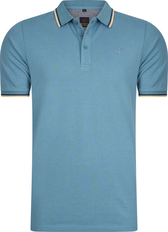 Blauw polo shirt met contrastkleurige strepen op de kraag en mouwen.