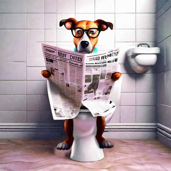 hond met krant op Toilet - Toilet Poster wc wanddecoratie | 50 x 50 cm | papier | decoratie grappig