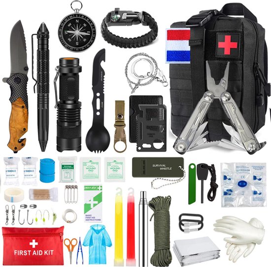 Survival set | Survival kit | NL-vlag | Zwart | 40-Delig | Nood pakket met EHBO | Oorlog prep survivalsets | Kamperen, outdoor en prepping | HOGE KWALITEIT (zie filmpje)