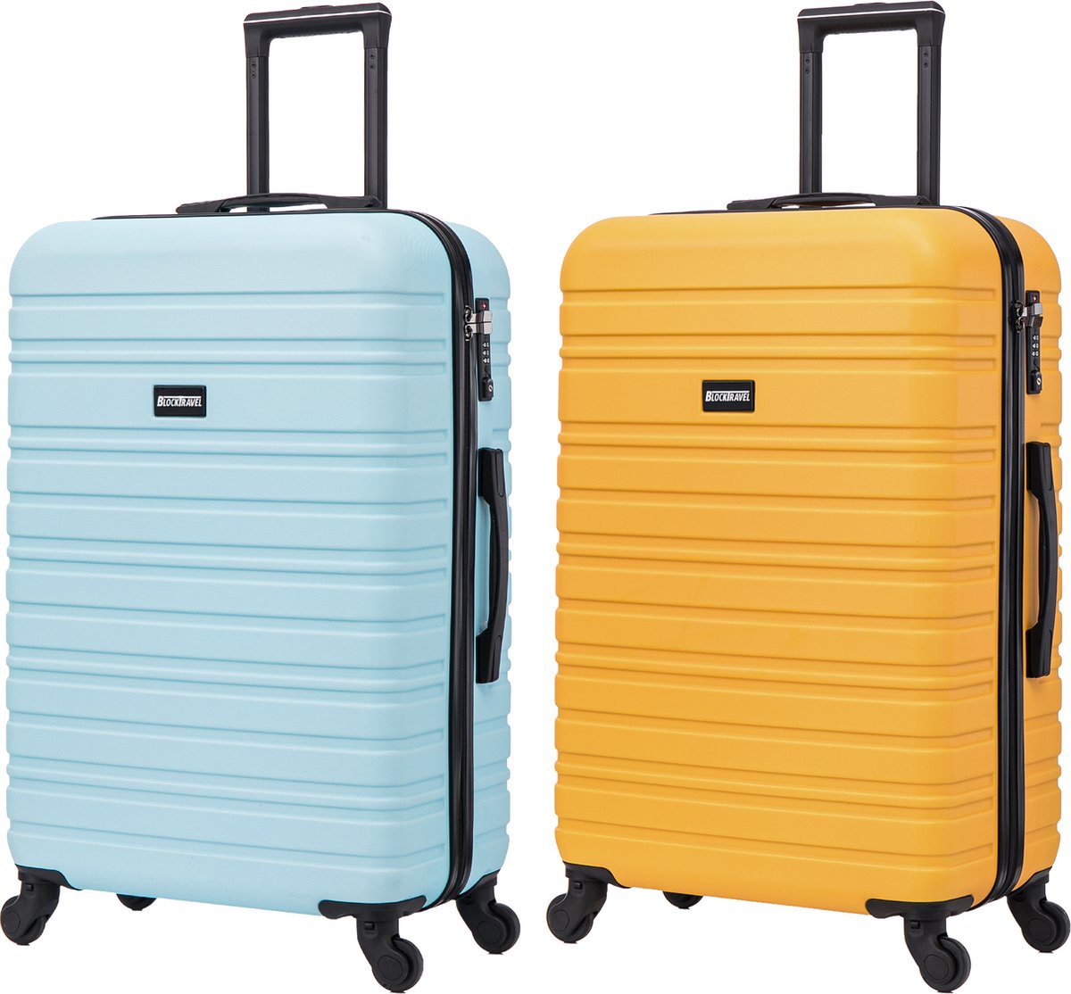 BlockTravel - kofferset - 2 delig - ABS - ruimbagage - met wielen afneembaar - 74 liter - inbouw TSA slot - licht blauw - geel